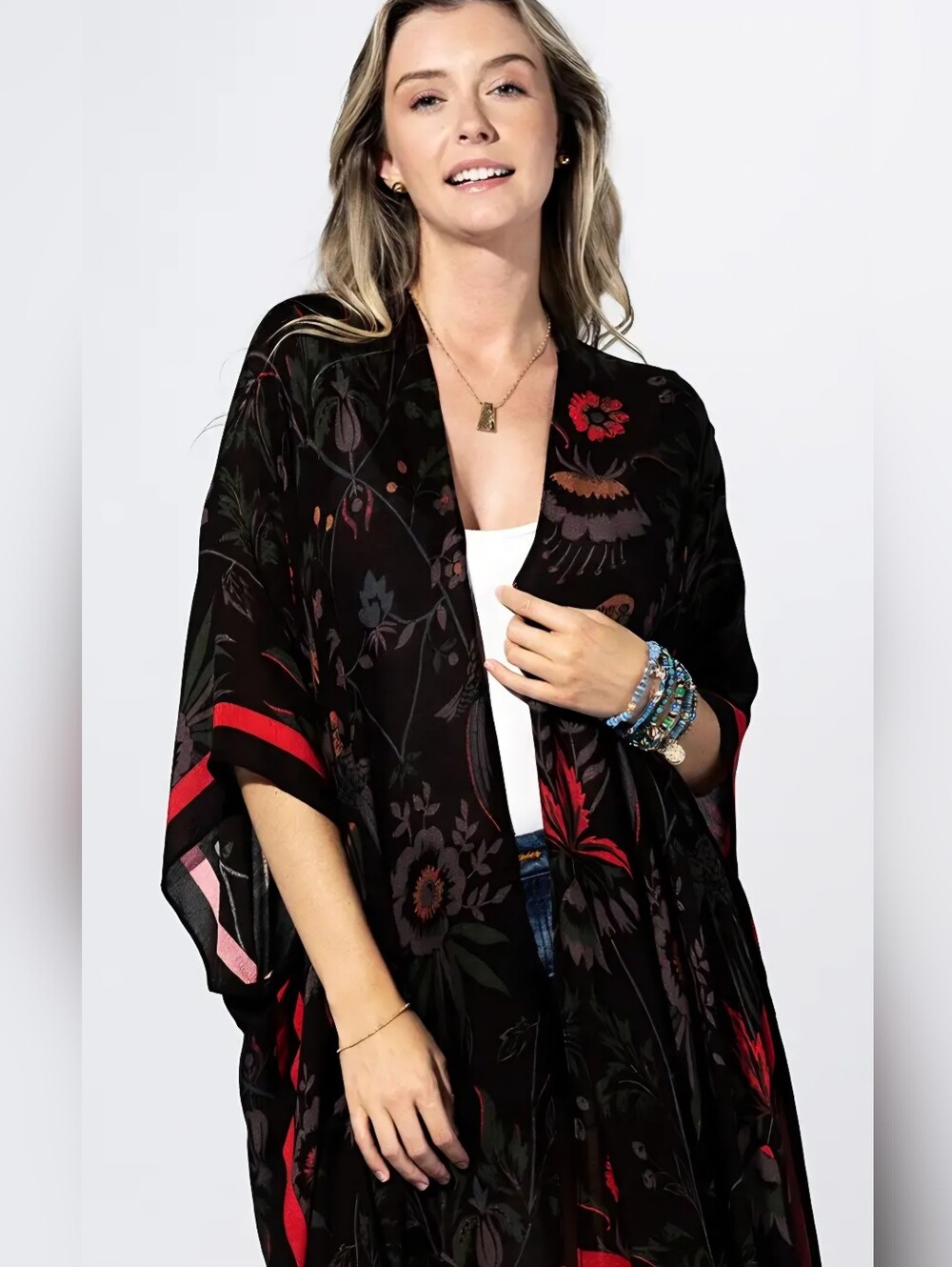 1118 Black Floral Kimono Cover-Up with Red Accents